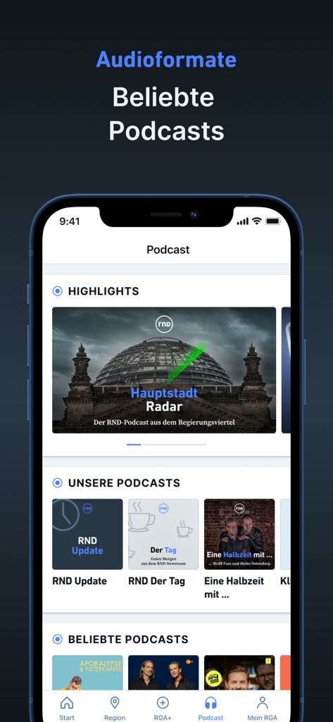 RGA – Nachrichten und Podcast - The podcast section of the RGA news app featuring various German audio programs and news updates