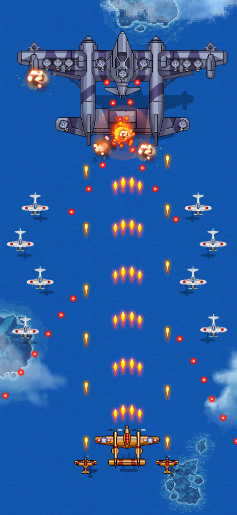 WWII retro arcade game screenshot featuring a P-38 fighter plane attacking a large boss aircraft over the sea