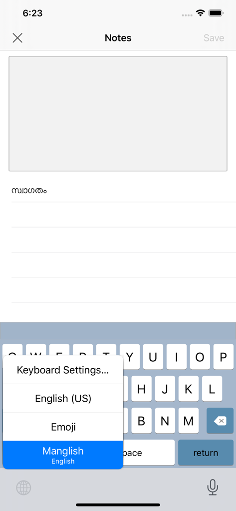 iOS screen showing the Manglish keyboard selection menu and Malayalam text in a note