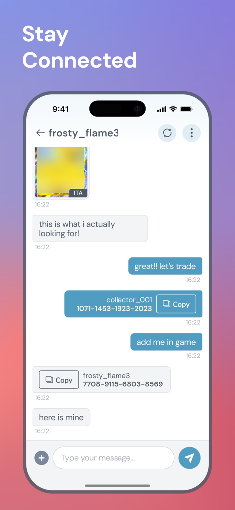 A mobile screen showing the built in direct messaging feature of PokeTrade where two users exchange game IDs to arrange a card trade