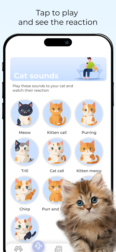 Interface d'application mobile montrant différents sons de chat comme des miaulements, des ronronnements et des appels de chaton pour le divertissement félin