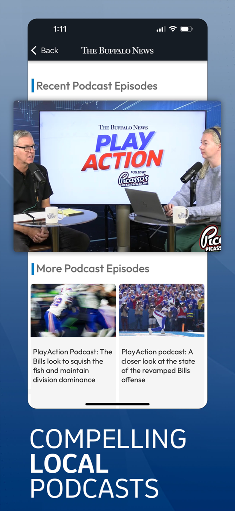 The Buffalo News App - A mobile screen from The Buffalo News app showcasing local podcasts including Play Action with Buffalo Bills sports coverage.