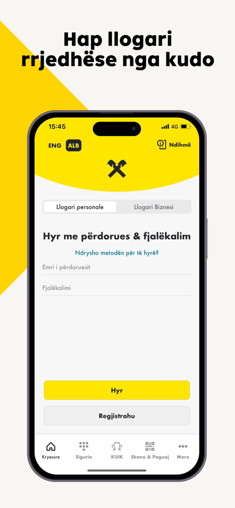 Raiffeisen ON mobile banking app login screen in Albanian showing username and password fields