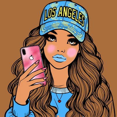 realistic beautiful girl wearing los ángeles cap holding an iphone
