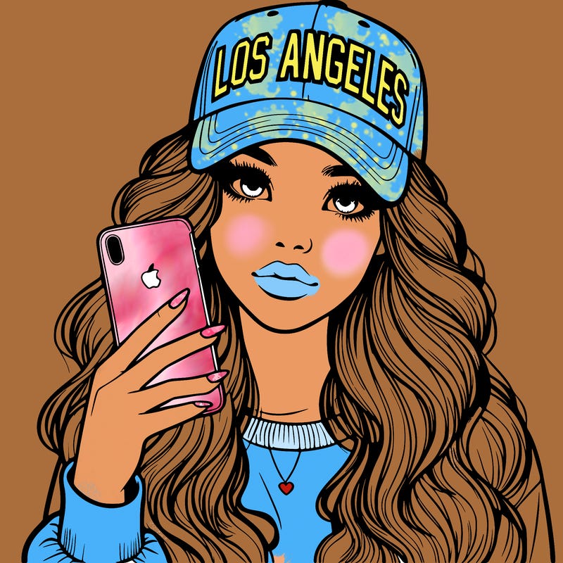 realistic beautiful girl wearing los ángeles cap holding an iphone