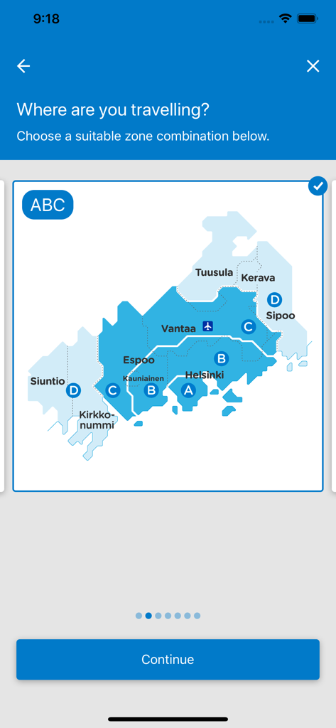 Pilet.ee - Pilet.ee app screen showing Helsinki public transport travel zones for ticket selection