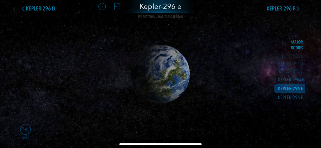 A 3D visualization of the habitable terrestrial exoplanet Kepler 296 e in the Cosmic Atlas app