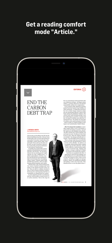 Smartphone screen showing a long-form editorial article titled End the Carbon Debt Trap in the Africa Report magazine app article reading mode