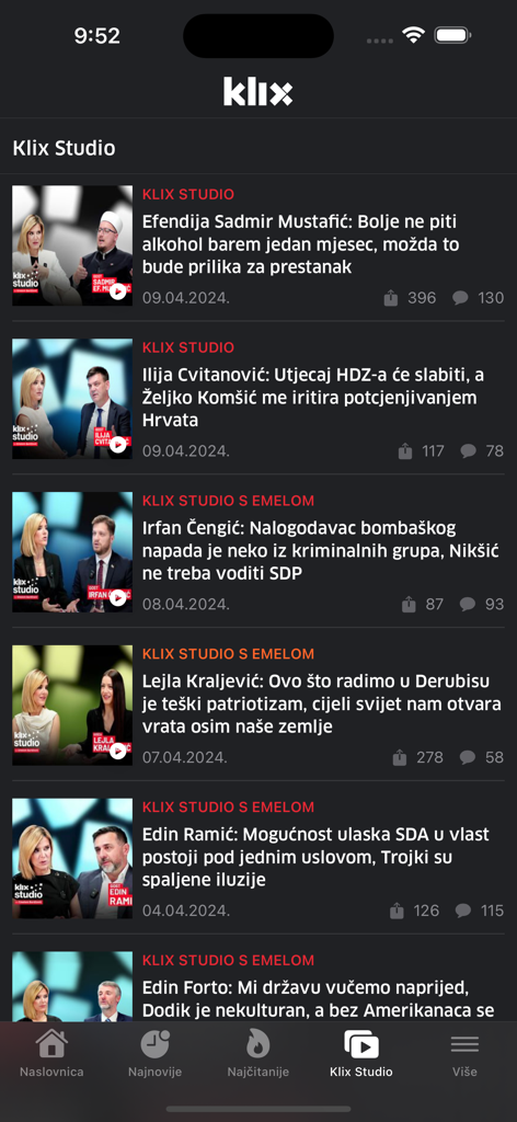 Pantalla de entrevista en video de Klix Studio dentro de la aplicación de noticias Klix.ba mostrando diversos temas políticos y sociales.