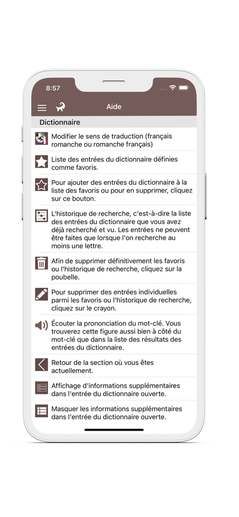Écran d'aide de l'application de dictionnaire romanche-français montrant des explications d'icônes pour des fonctionnalités telles que les favoris, l'historique et la prononciation.
