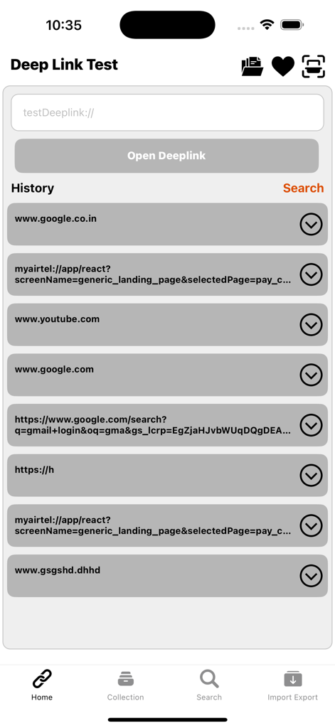 Main screen of the Deeplink Tester app showing a URL input field and a list of recently tested deep links.