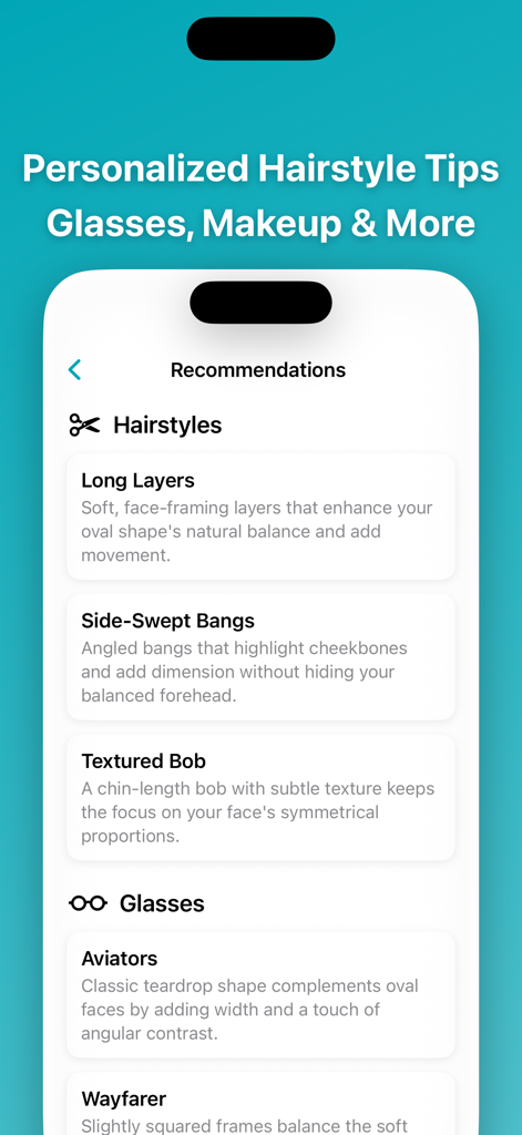 Face Shape AI app showing personalized hairstyle and glasses recommendations for an oval face shape.