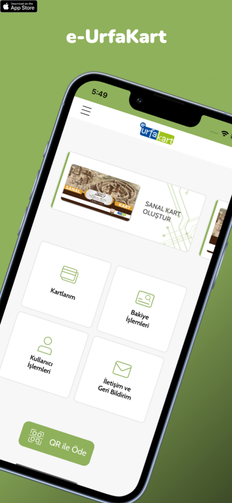 A tela inicial do aplicativo e-UrfaKart mostrando opções para cartões virtuais e pagamentos por QR