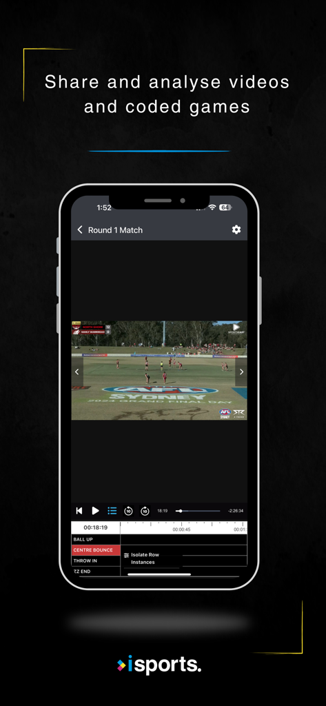 iSports Team - iSports Team app video analysis interface showing a sports game with coded play events