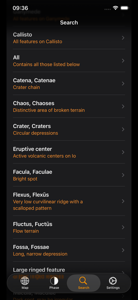 Jupiter Atlas - Pantalla de búsqueda que enumera la nomenclatura planetaria y las características de las lunas de Júpiter en la aplicación Atlas de Júpiter