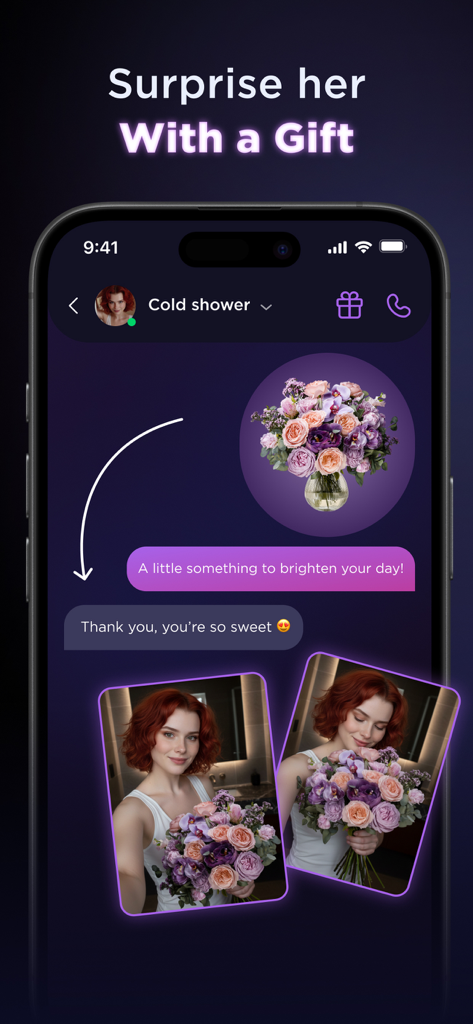 Lovevo: AI Roleplay Platform - Captura de pantalla de la interfaz de chat de la aplicación Lovevo que muestra a un usuario enviando un ramo virtual a un compañero de IA que responde con fotos generadas.