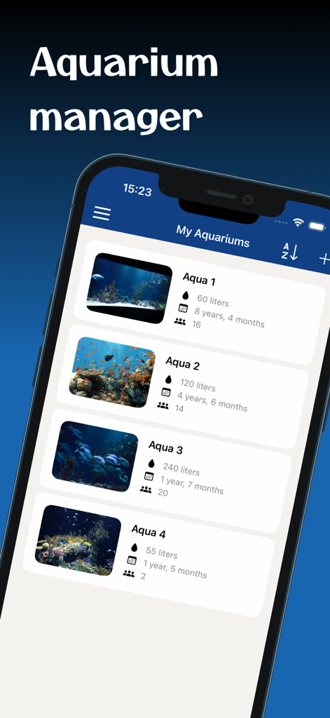 Aquarium Manager: Tank Log - Vue du tableau de bord de l'application Aquarium Manager montrant une liste de plusieurs aquariums suivis avec des photos et des statistiques.