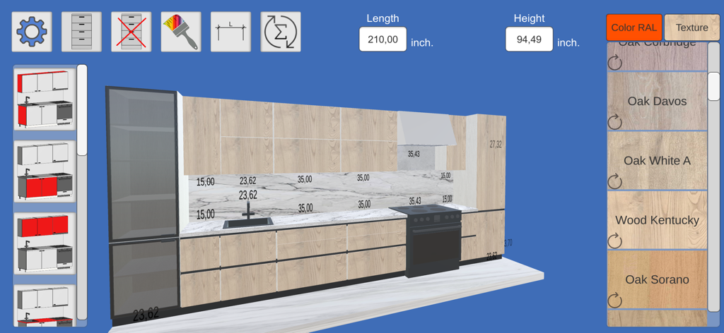 Kitchen Editor 3D interface showing a kitchen layout design with wood textures and measurements