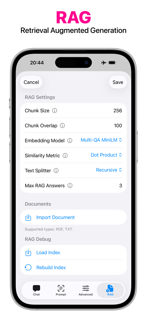OfflineLLM: Private AI Chat - Interface of OfflineLLM app showing Retrieval Augmented Generation settings and document import options on an iPhone.