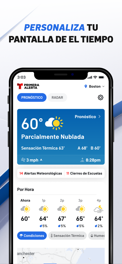 Telemundo Nueva Inglaterra - Interface des prévisions météorologiques et des alertes de fermeture d'écoles dans l'application Telemundo Nueva Inglaterra