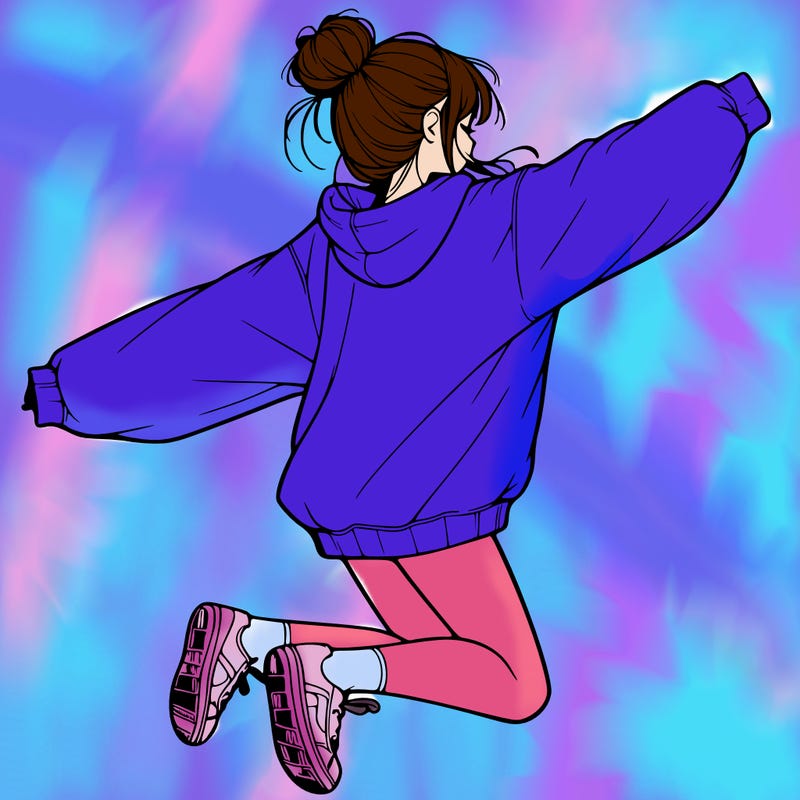 realistic girl jumping with a bun and oversized sweatshirt