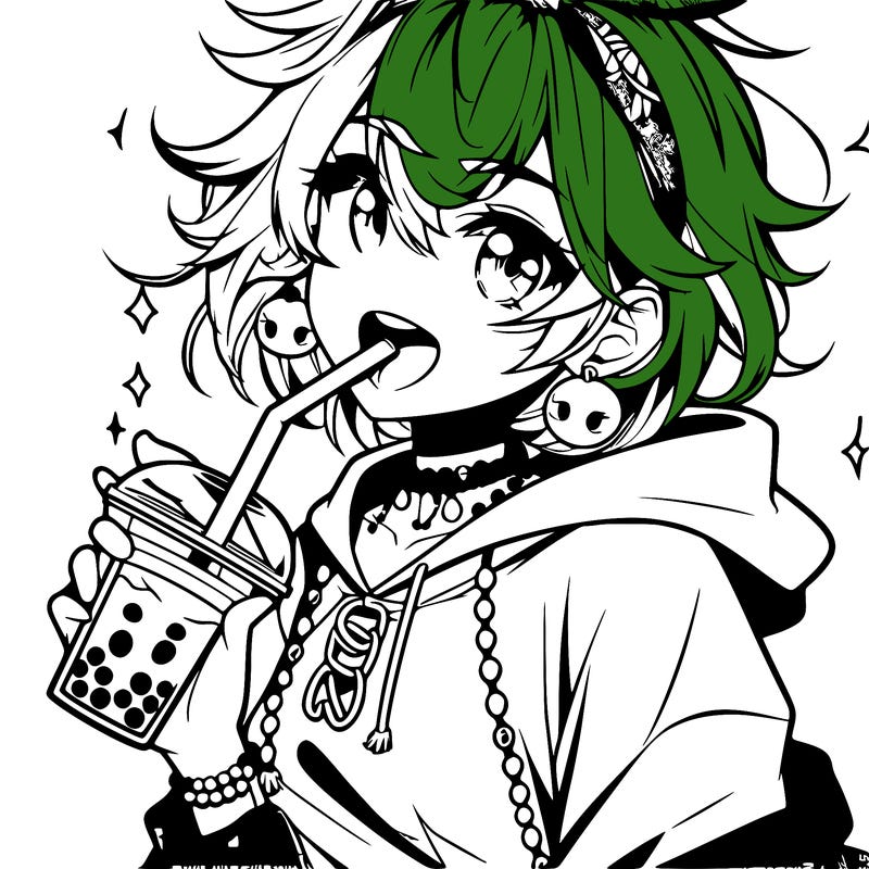 hot baddie anime girl drinking boba and biting the straw