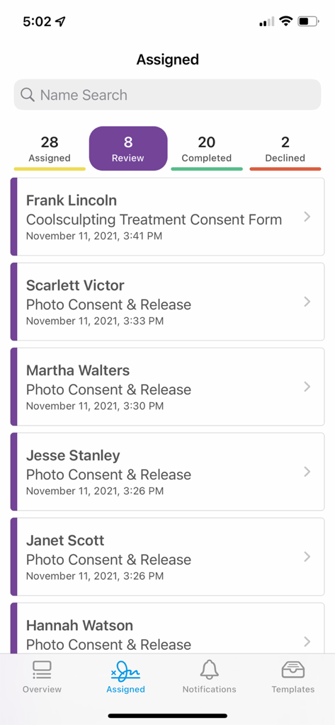 TouchMD Dashboard - for Staff - TouchMD Dashboard app screen displaying a list of patient consent forms categorized by status like assigned and review.