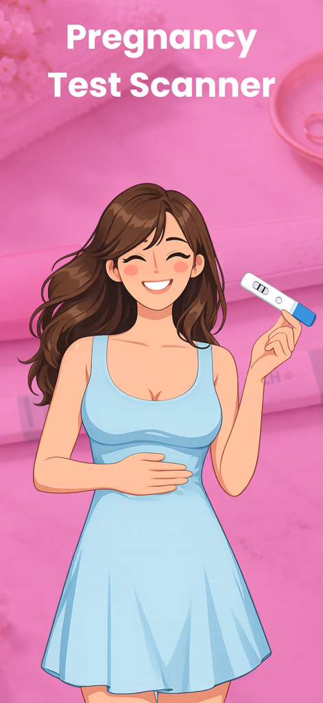 Pregnancy Test Scanner: Nuva - Cartoon illustration of a smiling woman in a blue dress holding a positive pregnancy test result