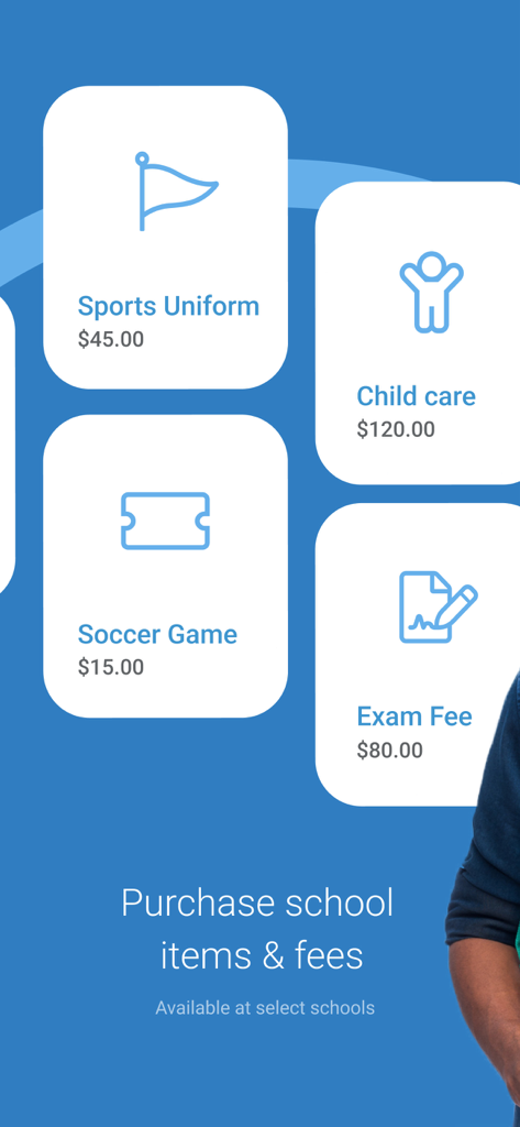 Schermata dell'app mobile che mostra le opzioni per acquistare articoli scolastici e tasse come uniformi sportive, assistenza all'infanzia e tasse d'esame.