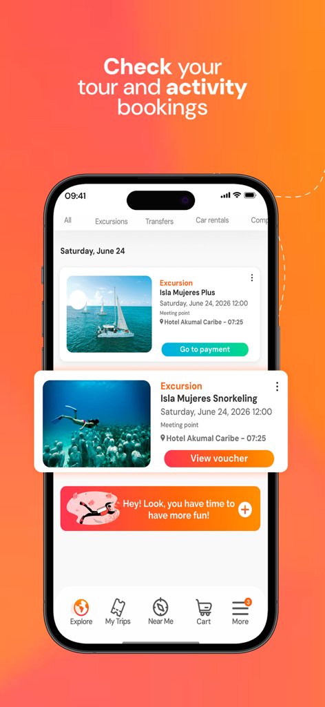 NexusTours app screen showing excursion bookings and digital vouchers for snorkeling tours