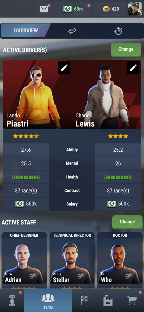 A screen from iGP Manager 26 showing the racing team management interface with active drivers Lando Piastri and Charles Lewis and their performance stats