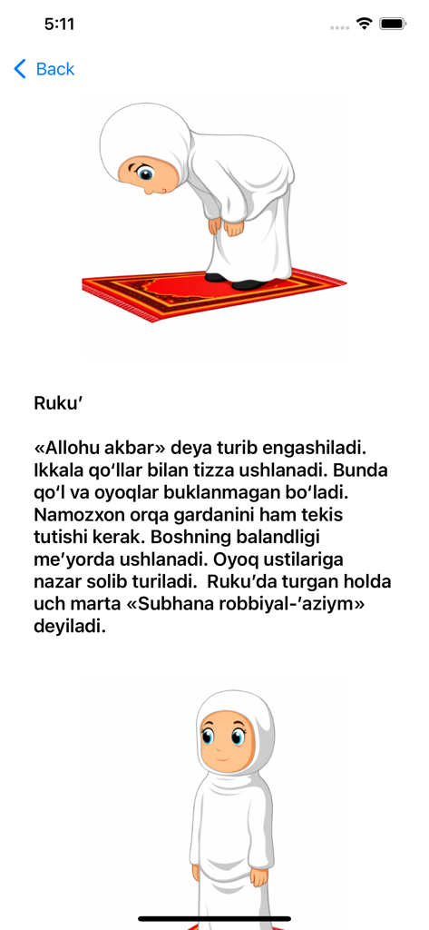 Illustration and Uzbek text explaining the Ruku prayer position in the Namoz learning app