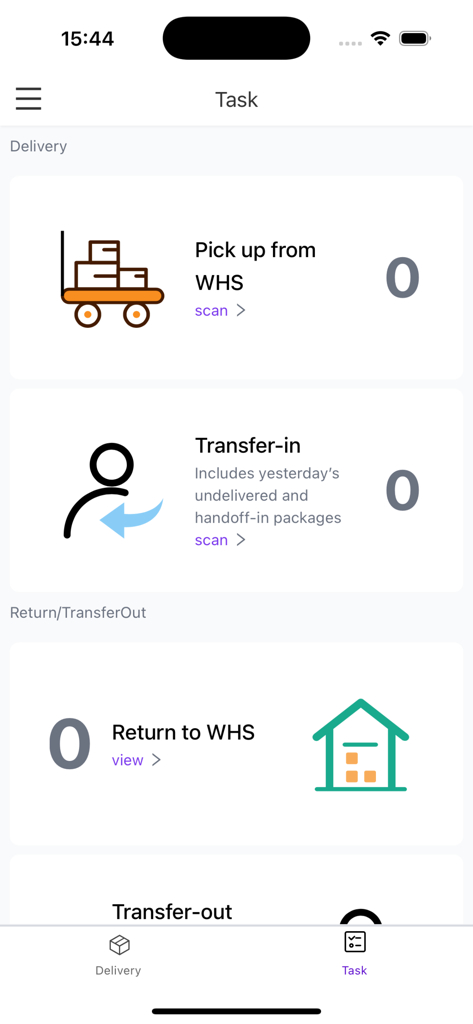SwiftX Driver - Task-Dashboard in der SwiftX Driver App, das Logistikoptionen für die Abholung im Lager und Pakettransfers anzeigt