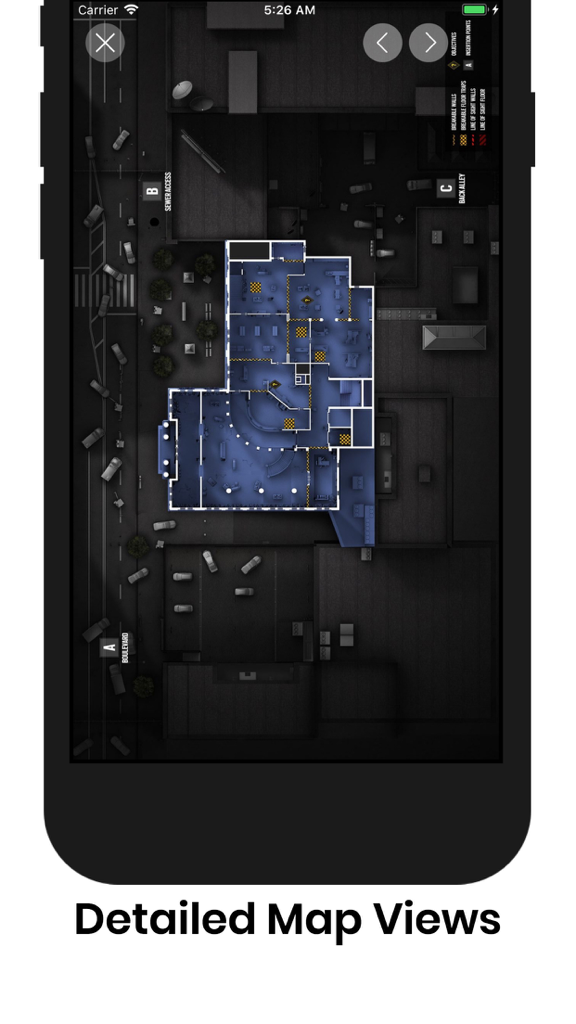 A detailed tactical map layout of a floor in Rainbow Six Siege within the companion app