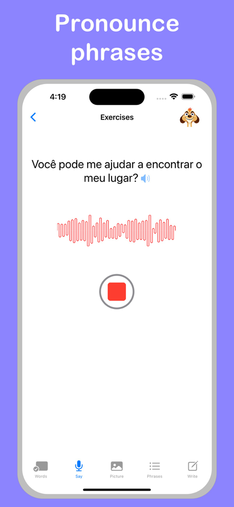 ポルトガル語プラスアプリの発音練習画面。旅行フレーズの音声認識機能を搭載。