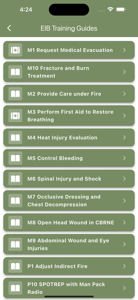 List of Expert Infantry Badge medical and patrol training guides in the app.