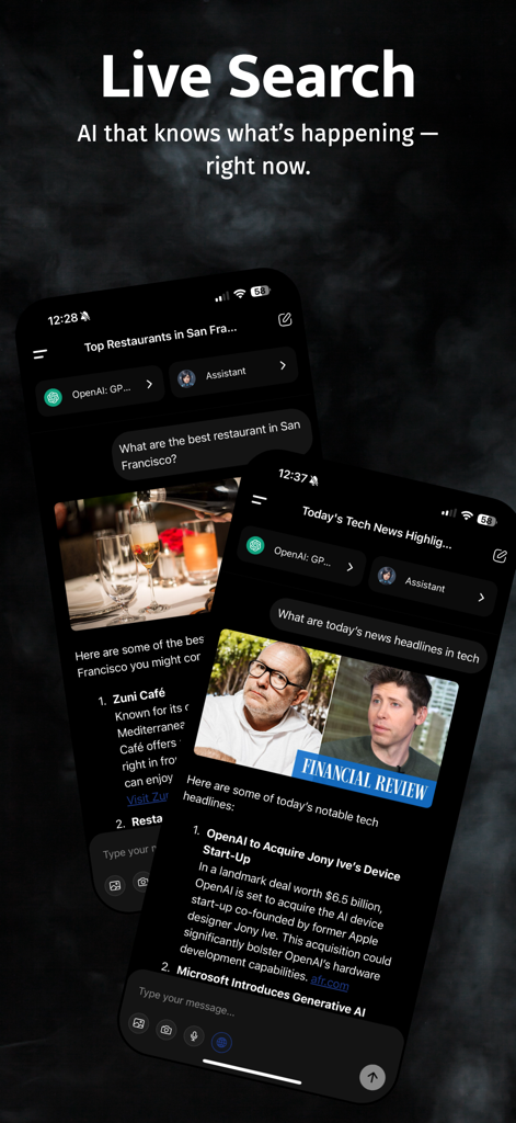 Nexal AI - AI Chat & Image - Nexal AI mobile app showing real time chat results for tech news headlines and local restaurant recommendations