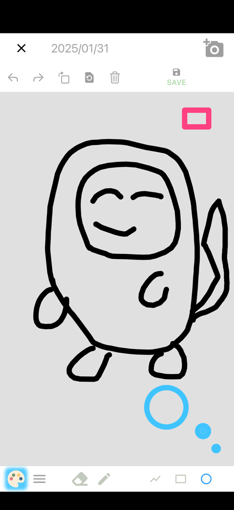 Eine einfache Cartoon-Charakter-Skizze auf einer minimalistischen mobilen Zeichen-App-Oberfläche