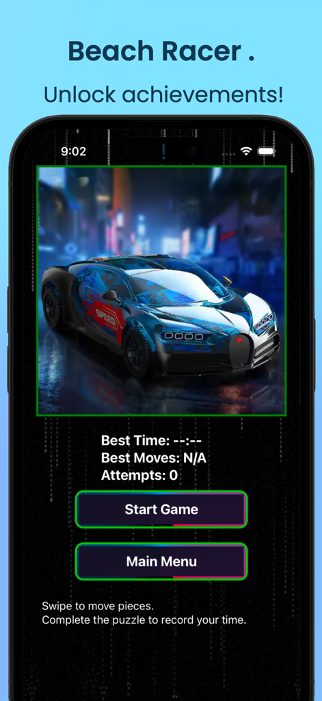 Bugatti Game - Pantalla de la aplicación móvil Bugatti Game mostrando un rompecabezas de superdeportivo y el botón de inicio del juego