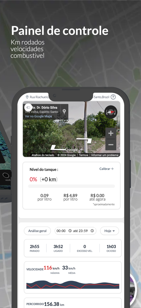 Trackernet - Interface do aplicativo Trackernet mostrando um painel com mapa de veículos, níveis de combustível e rastreamento de velocidade