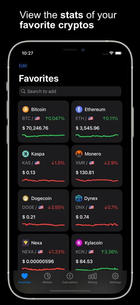 Hashrate - Mobile dashboard of the Hashrate app showing real-time price tracking and market charts for various cryptocurrencies in dark mode