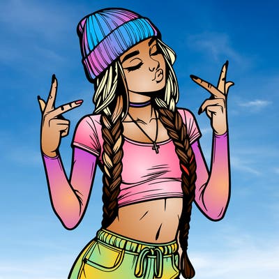 realistic teenage girl with braids and a beanie and crop top doing 🫶🏼