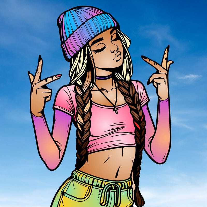 realistic teenage girl with braids and a beanie and crop top doing 🫶🏼