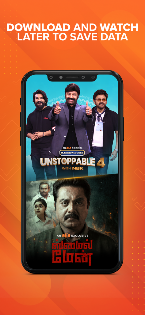 Aha app screen displaying the download and watch later feature for South Indian content.