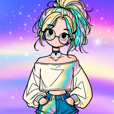 girl with a messy ponytail glasses a baggy crop top and jean shorts