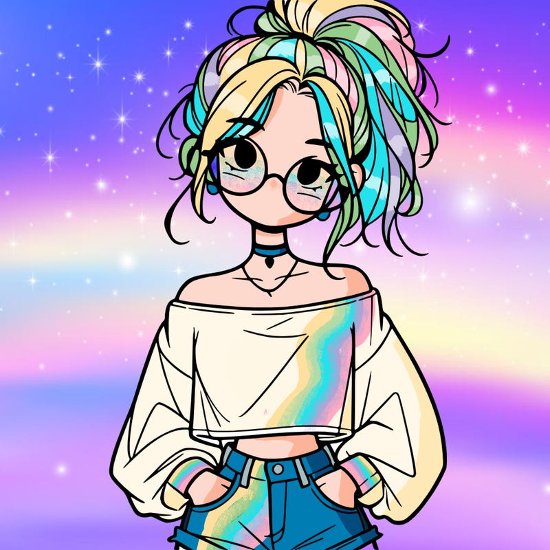 girl with a messy ponytail glasses a baggy crop top and jean shorts