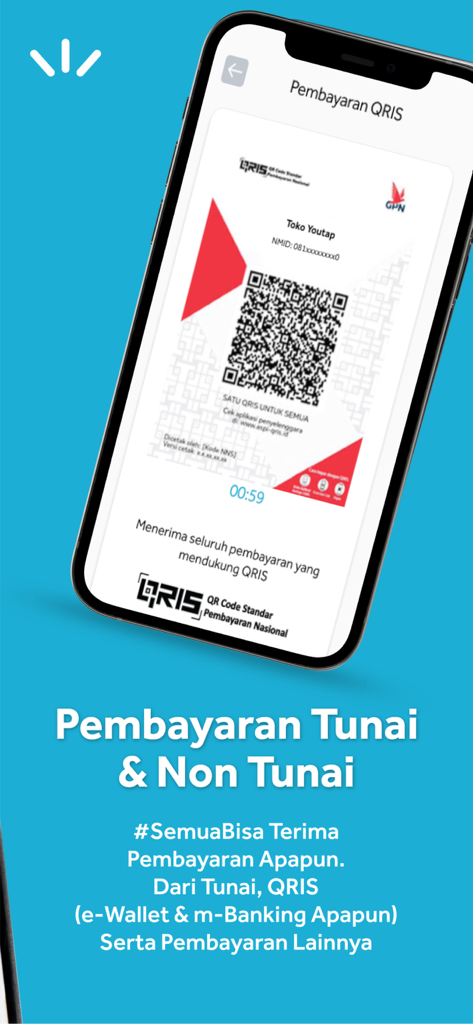 Smartphone screen displaying a QRIS code for digital payments on the Youtap POS app interface.