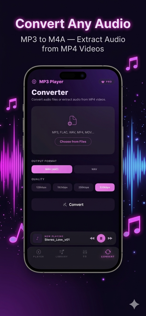 MP3 Player & Audio Music Mixer - Interfaz del convertidor de audio para cambiar formatos de archivo y extraer audio de videos.