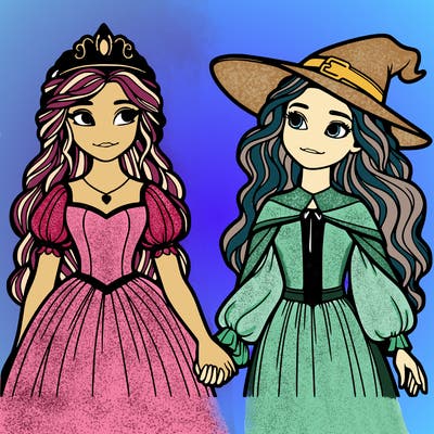 a princess and a witch holding hands realistic