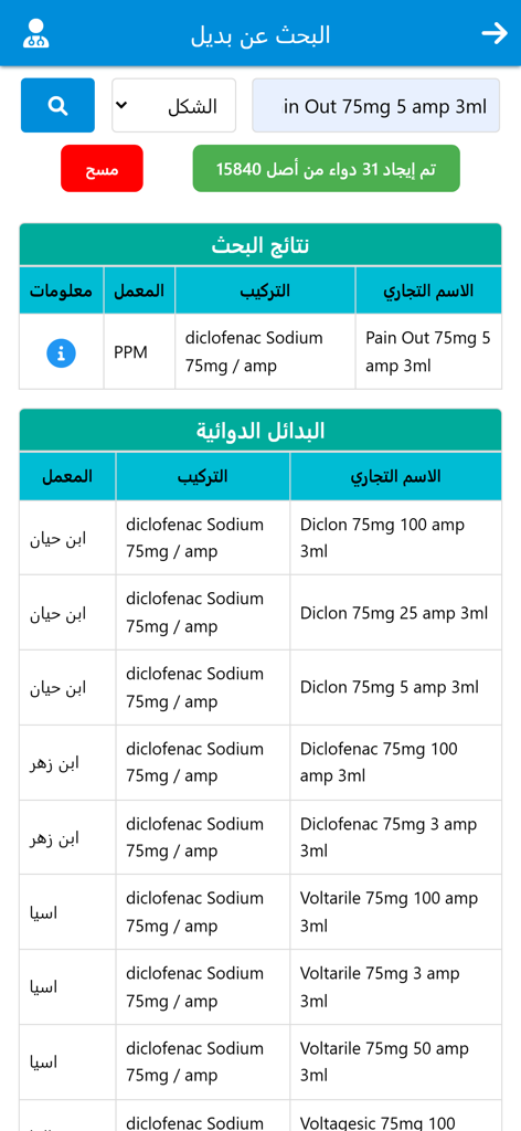 تطبيق دليل الادوية الشامل - Search results showing medication alternatives in the Arabic Comprehensive Drug Guide app